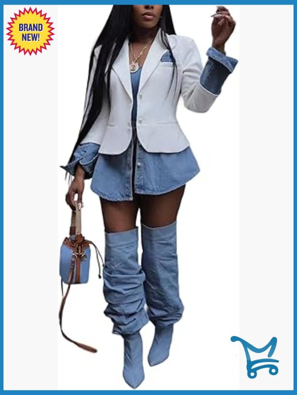 Women's Denim Patchwork Blazer Jacket Long Sleeve Open Front Casual Office Coat